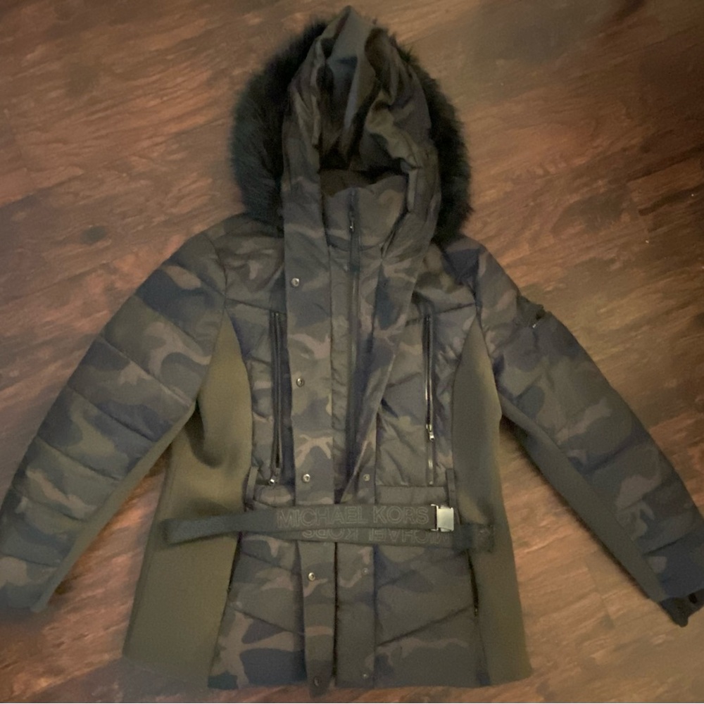 Michael Kors Camo Camouflage Belted Fur Winter Puffer Coat Jacket Size XL